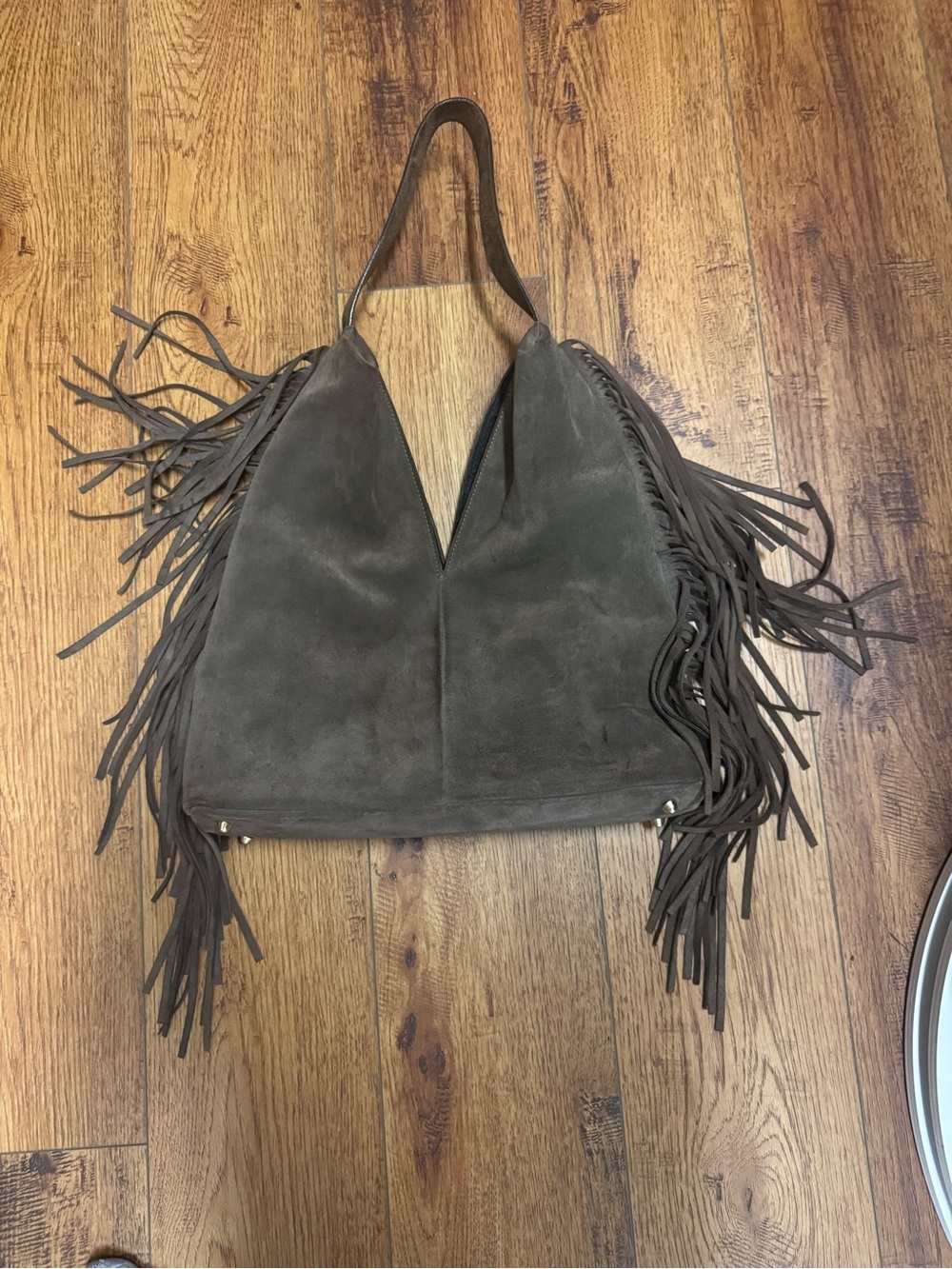 Suede Fringe Shoulder Tote in Dark Brown